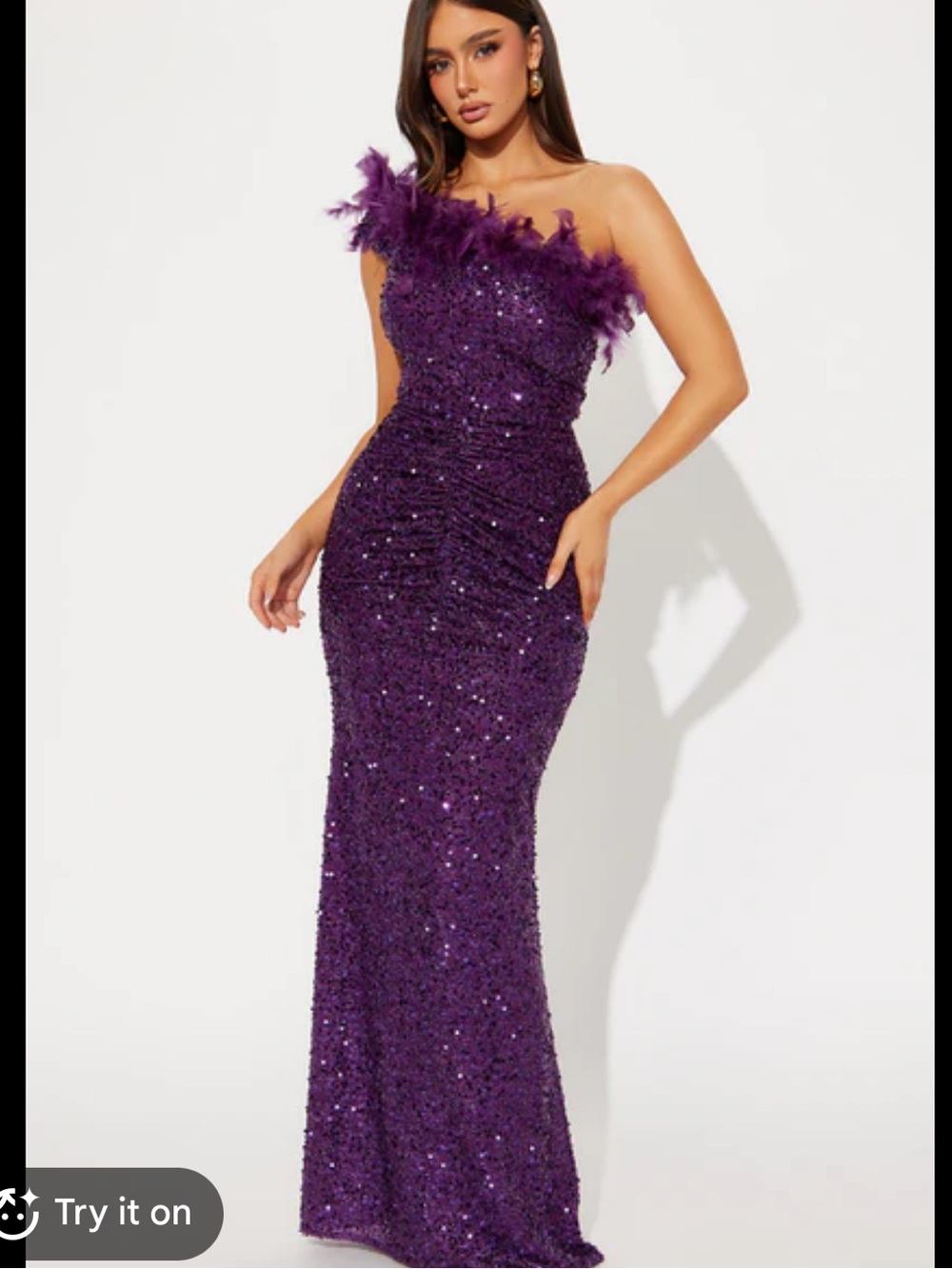 Fashion Nova Purple Sequin Feather-Trim One-Shoulder Gown